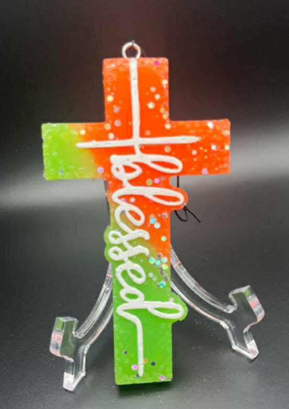 Orange and Green Blessed Cross with glitter Freshie